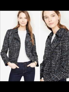 Ann Taylor Black & Navy Tweed Zip-Front Jacket